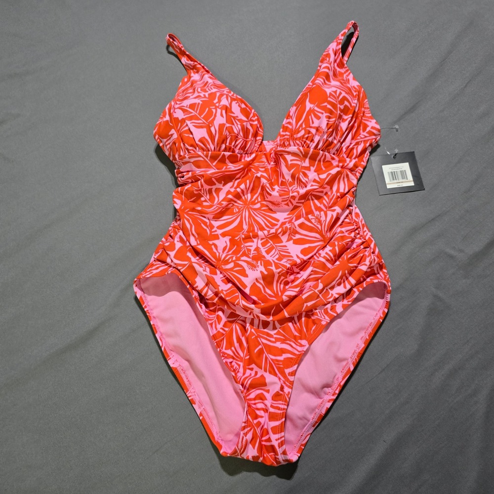Ellen Tracy Swimsuit Women 12 Orange Pink Tropical Floral Ruched One Piece